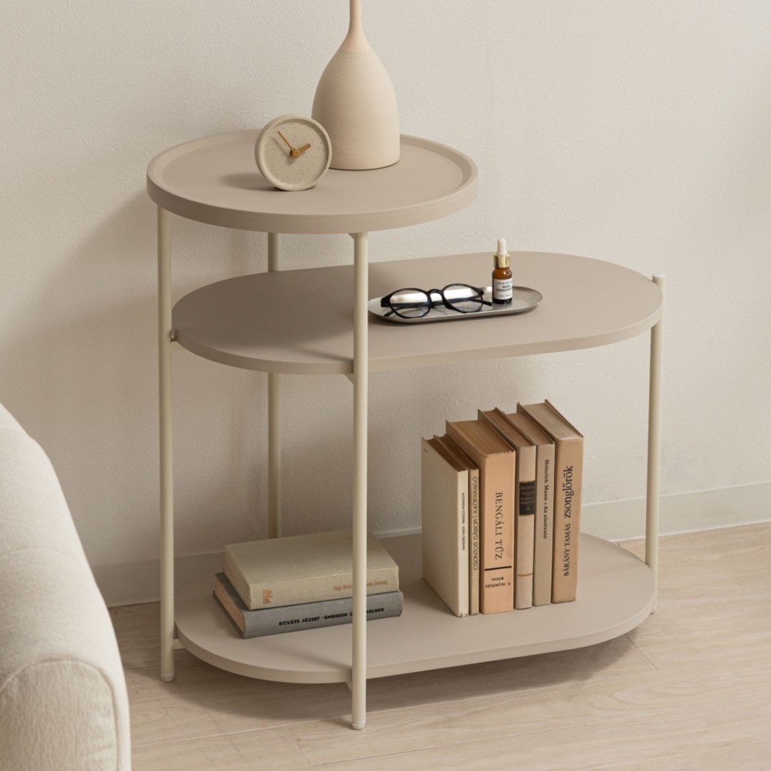 ミニテーブル付デザインサイドテーブル(ライトベージュ)