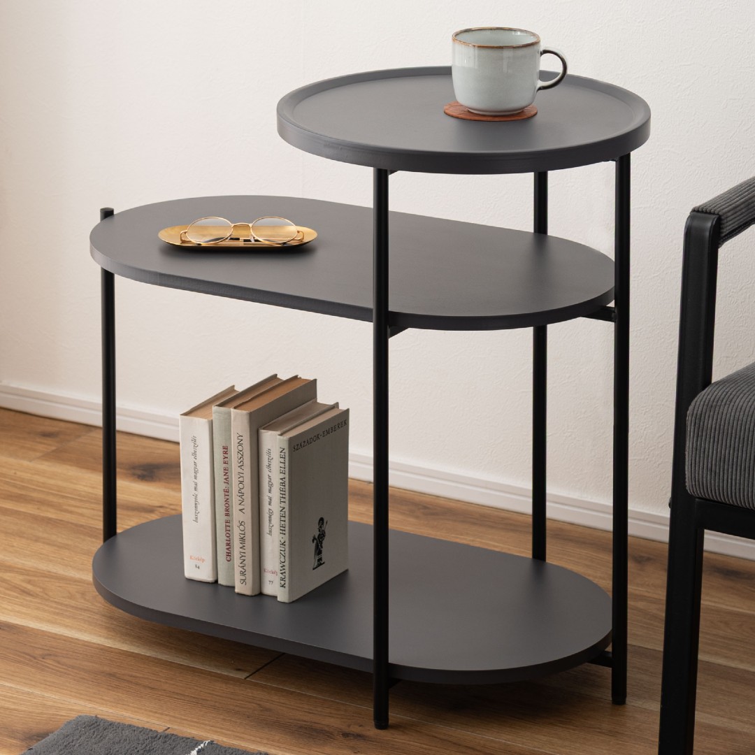 ミニテーブル付デザインサイドテーブル(ダークグレー)